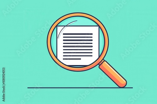 Keyword optimization A magnifying glass focuses on a piece of paper, emphasizing attention to detail and examination of text against a turquoise background. photo