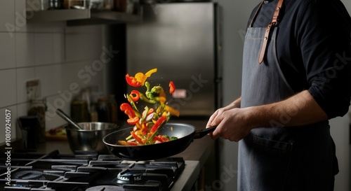 Chef tossing vegetables in pan in professional kitchen