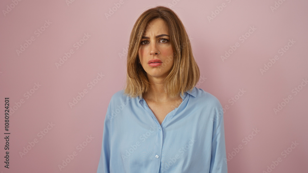 Young attractive blonde woman in blue blouse standing confused over isolated pink background Young attractive blonde woman in blue blouse standing confused over isolated pink background