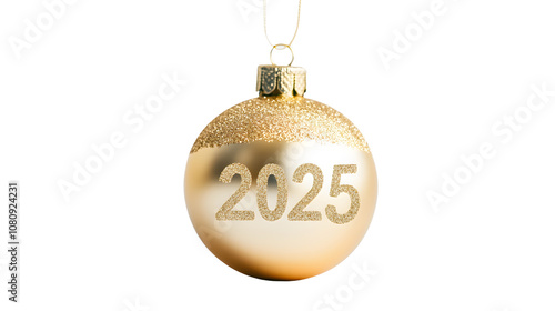 Gold holiday ornament with '2025' engraved on a plain white background, no shadows photo