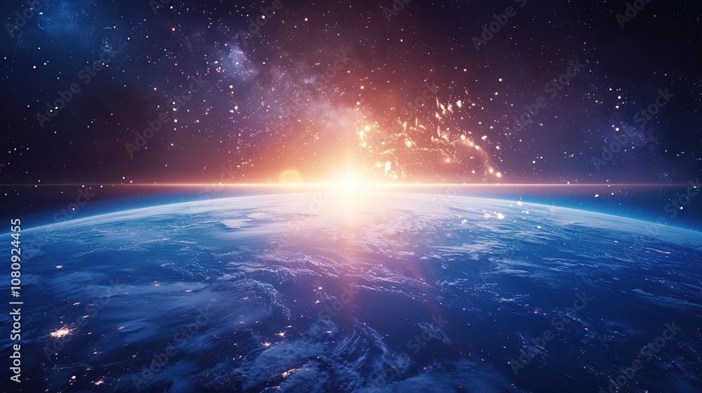 A stunning view of Earth from space, with the sun rising over the horizon and a vast expanse of stars in the background. A stunning view of Earth from space, with the sun rising over the horizon and a vast expanse of stars in the background.