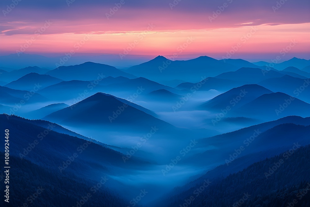 Misty mountains at dawn with vibrant hues in the early sky Misty mountains at dawn with vibrant hues in the early sky
