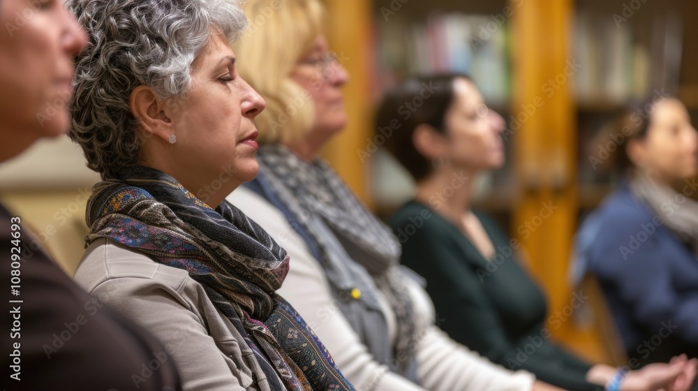 A book club member leading a guided meditation session before diving into the book discussion. A book club member leading a guided meditation session before diving into the book discussion.