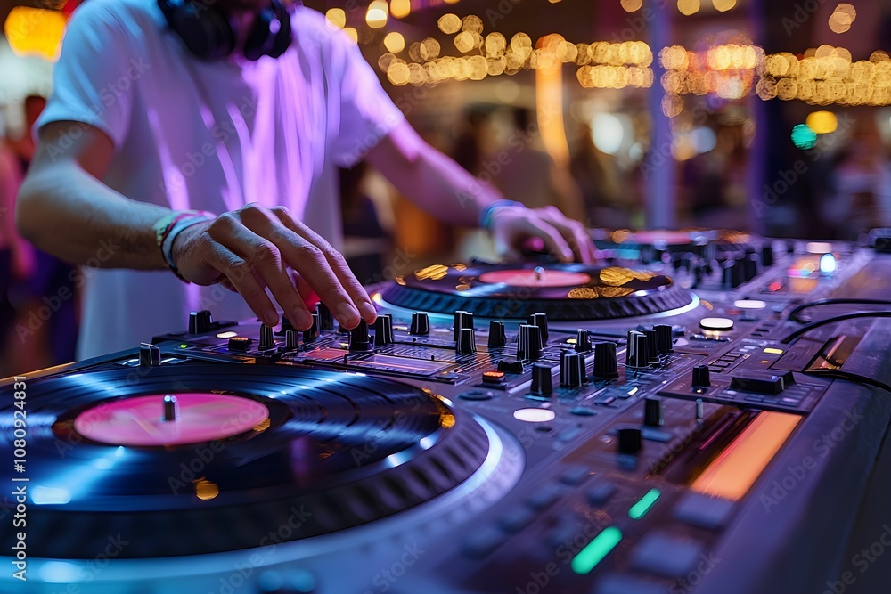 DJ mixing records at a vibrant party during nighttime hours DJ mixing records at a vibrant party during nighttime hours
