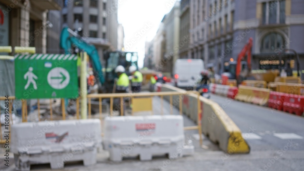 Fototapeta premium Urban construction scene featuring blurred workers and equipment on a busy barcelona street with defocused buildings and signage, showcasing european city infrastructure development.
