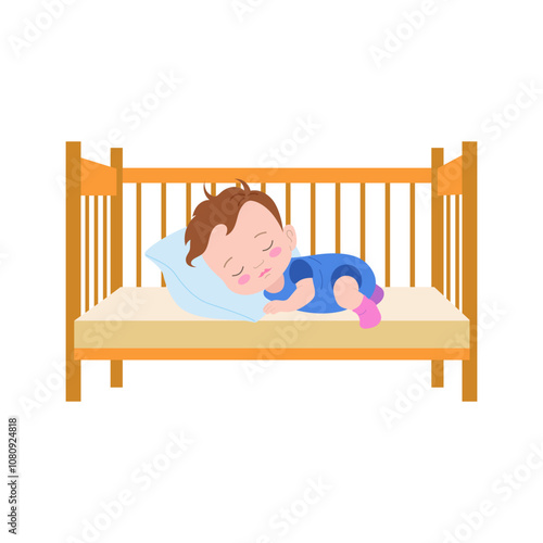 A cute little baby is sleeping on the bed. Vector color illustration.