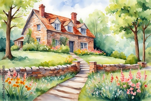 A traditional English cottage surrounded by a flower garden and garden, painted with watercolors on tourist design paper.