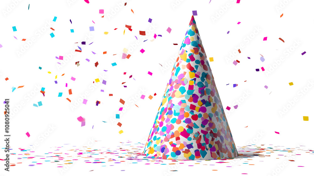 Colorful New Year 2025 party hat with confetti patterns on a plain white background, no shadows Colorful New Year 2025 party hat with confetti patterns on a plain white background, no shadows
