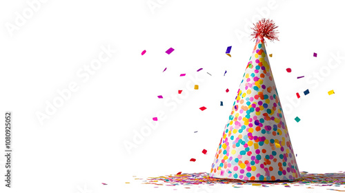 Colorful New Year 2025 party hat with confetti patterns on a plain white background, no shadows photo