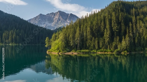 trees on an island in the middle of a lake in the forest with mountain views