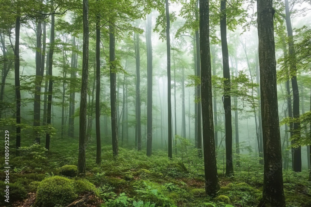 Obraz premium Green foggy morning forest landscape with beech trees.