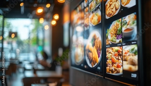 modern restaurant interior with digital signage screens