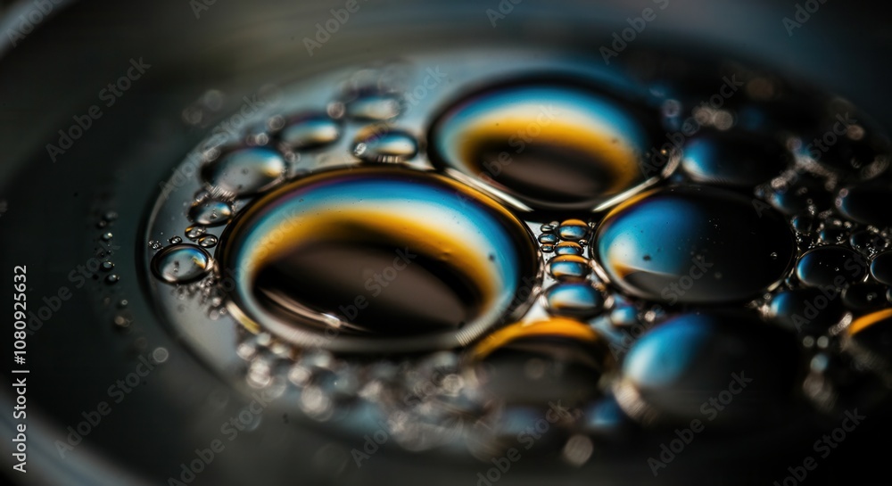Vibrant oil bubbles floating on water surface closeup Vibrant oil bubbles floating on water surface closeup