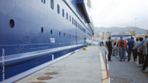 People standing at cruise port, blurred and out of focus, with large ship in background in bokeh effect, creating a defocused outdoor setting with vibrant crowd atmosphere. photo