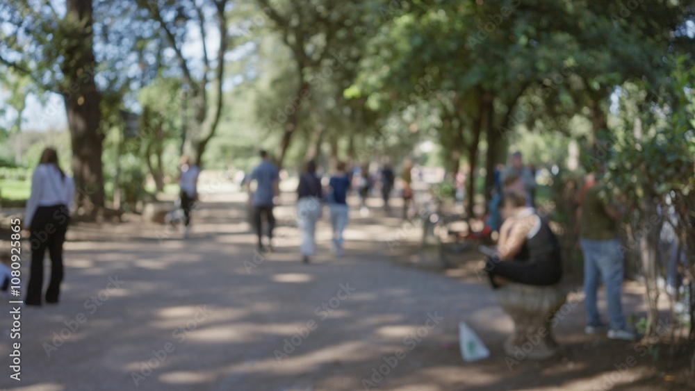 People walking in blurred villa borghese gardens with sunlight filtering through trees, featuring men and women in an outdoor setting in rome. People walking in blurred villa borghese gardens with sunlight filtering through trees, featuring men and women in an outdoor setting in rome.