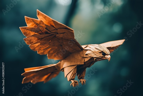 A detailed origami eagle crafted from brown paper, soaring through the air with elegance and grace. Paper art and craftsmanship photo