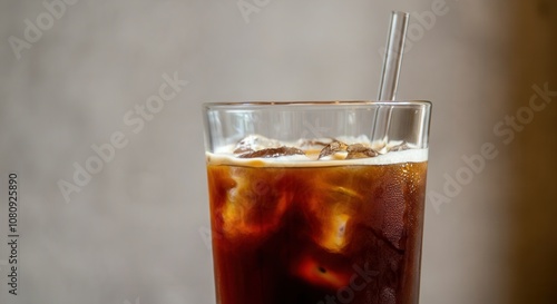 Refreshing cold brew coffee in glass with ice straw photo