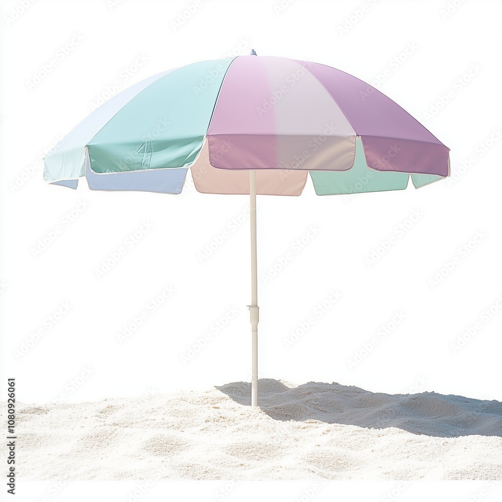 A pastel-colored beach umbrella on white sand. A pastel-colored beach umbrella on white sand.