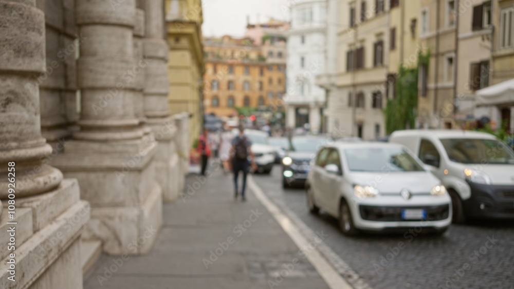 Blurred street view in rome showing defocused people and cars in the historic old town with classic architecture on a busy, atmospheric day. Blurred street view in rome showing defocused people and cars in the historic old town with classic architecture on a busy, atmospheric day.
