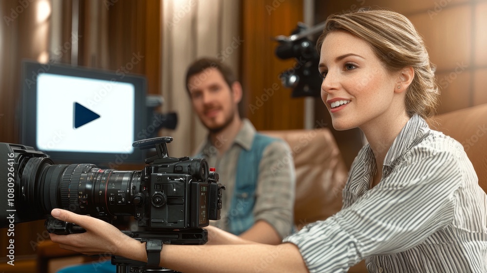 Captivated Filmmaker Behind Professional Camera Setup Captivated Filmmaker Behind Professional Camera Setup
