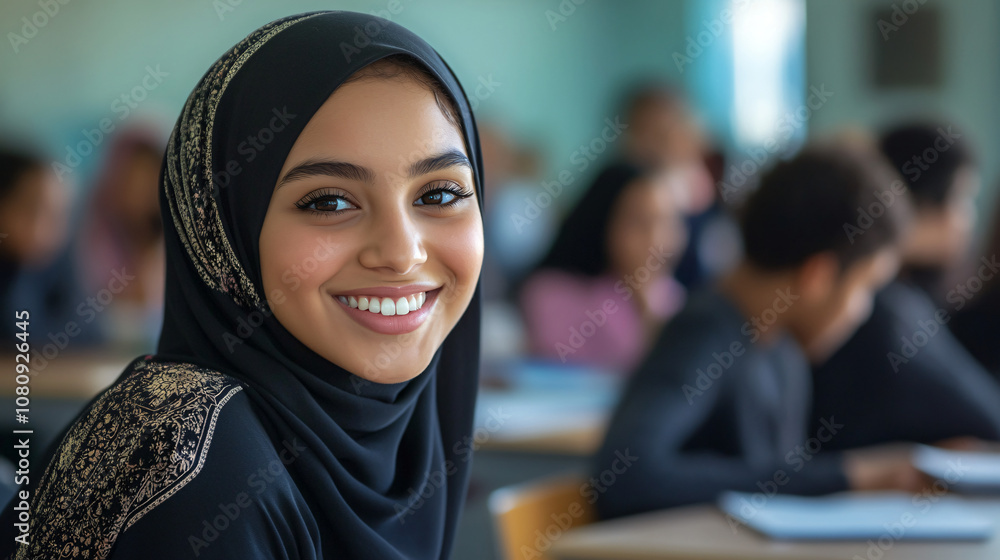 Happy female student in hijab posing for a portrait in a classroom with classmates studying in the background Happy female student in hijab posing for a portrait in a classroom with classmates studying in the background