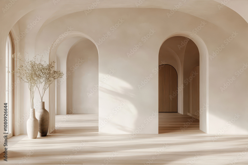 Fototapeta premium A Serene Minimalist Interior Featuring Smooth Arches and a Naked Space Filled With Light
