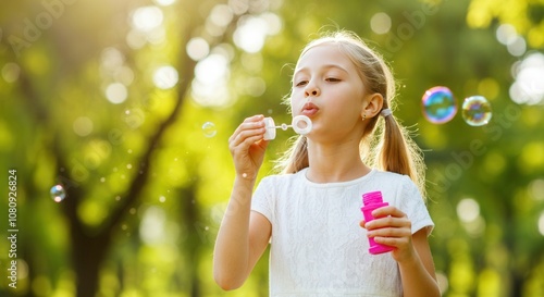 Joyful girl blowing bubbles in sunlit park