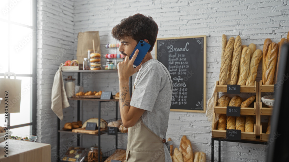 Young man with beard talking on phone in bakery shop interior with various breads and pastries on shelves Young man with beard talking on phone in bakery shop interior with various breads and pastries on shelves
