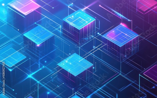 A high-quality vector illustration of a blue background with blue and purple lines arranged into isometric cubes. 