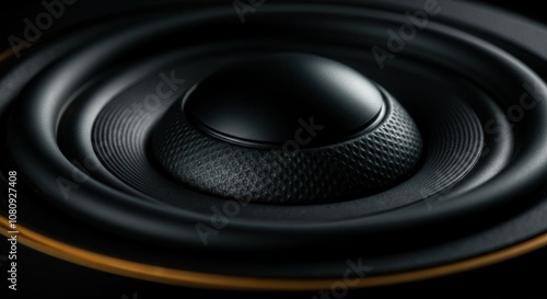 Close-up of modern black speaker with sound wave texture photo