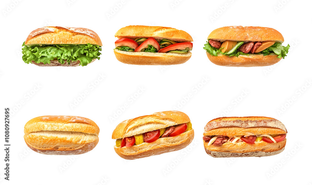 Set of different views of baguette sandwich on a transparent background. isolated background. Set of different views of baguette sandwich on a transparent background. isolated background.