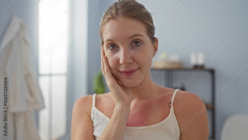 Young blonde woman indoors at spa center in casual top gently touching her face in a calm wellness room. Young blonde woman indoors at spa center in casual top gently touching her face in a calm wellness room.