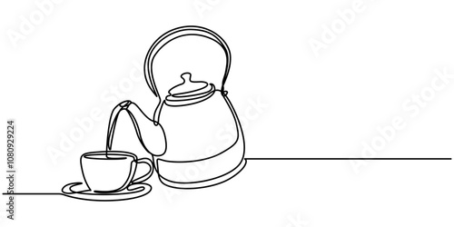 Teapot and tea cup vector one line continuous drawing illustration. Pouring drink. Hand drawn linear silhouette icon. Minimal outline design element for print, banner, card, brochure. Pro vector icon.