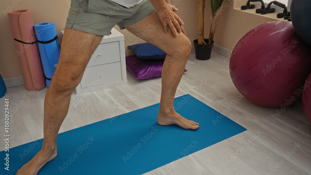 Naklejka premium Middle-aged man exercising on yoga mat in wellness room with exercise balls and plants showcasing healthy lifestyle indoors.