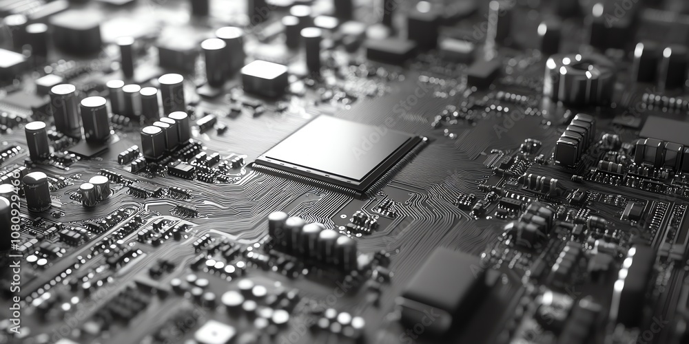 Closeup of a circuit board with a central processor chip. Closeup of a circuit board with a central processor chip.
