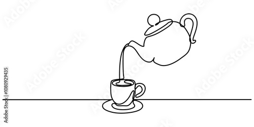 Teapot and tea cup vector one line continuous drawing illustration. Pouring drink. Hand drawn linear silhouette icon. Minimal outline design element for print, banner, card, brochure. Pro vector icon.