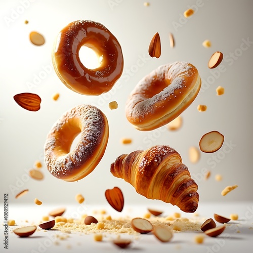 Fresh croissant Nuts bread with chocolate puff pastry dough lies, Breakfast sweet bun and croissant baguette Isolated mood on white background, Generative ai illustration.	 photo