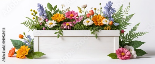 Colorful flowers and ferns are overflowing a white wooden crate, creating a vibrant and cheerful display on a clean white background.