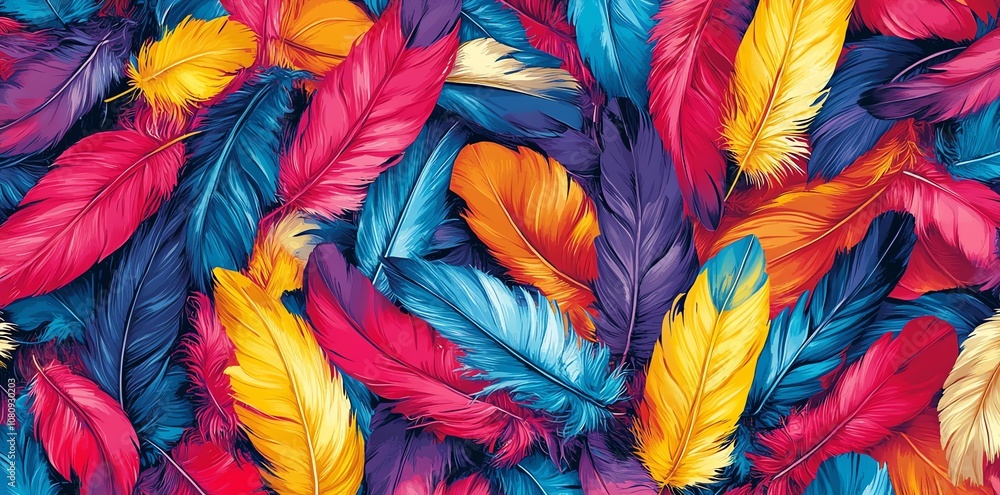 Colorful feathers in a chaotic pattern. Colorful feathers in a chaotic pattern.