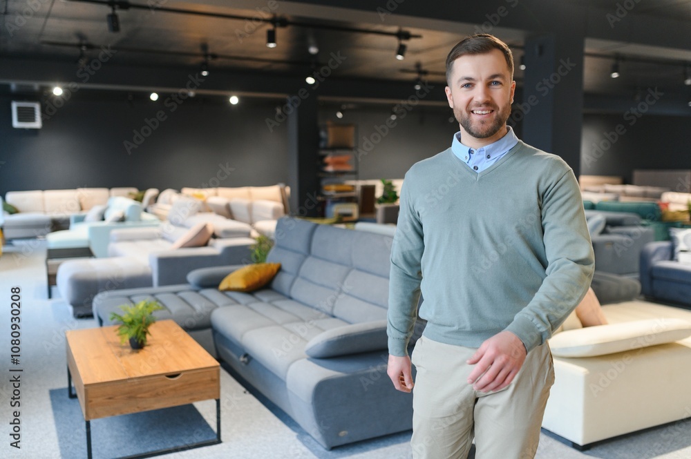 Young man buying sofa in furniture store Young man buying sofa in furniture store