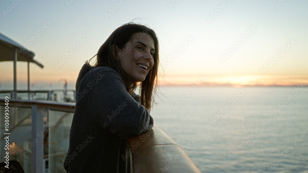 Woman relaxing on cruise ship at sunset with ocean view, smiling contently and enjoying serene atmosphere on outdoor deck, showcasing travel and leisure lifestyle. Woman relaxing on cruise ship at sunset with ocean view, smiling contently and enjoying serene atmosphere on outdoor deck, showcasing travel and leisure lifestyle.