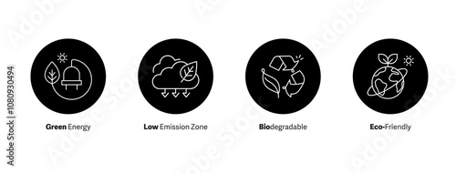 Green Energy, Low Emission Zone, Biodegradable, and Eco-Friendly Icons Set. Vector Icons.