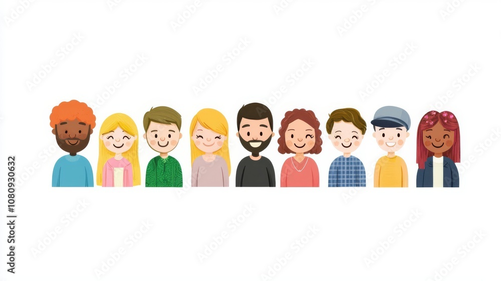 Diverse group of cartoon people smiling together. Diverse group of cartoon people smiling together.