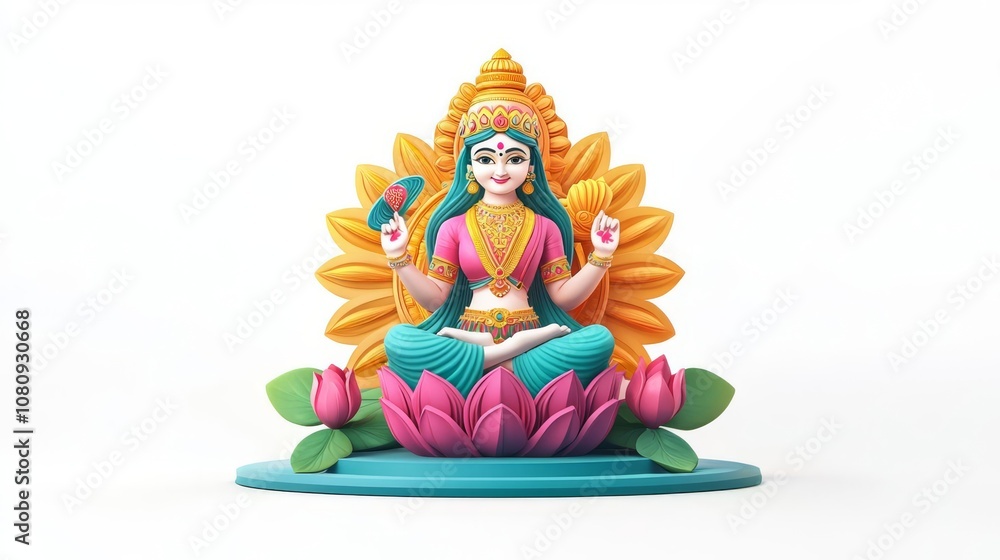 Vibrant deity statue with lotus flowers. Vibrant deity statue with lotus flowers.