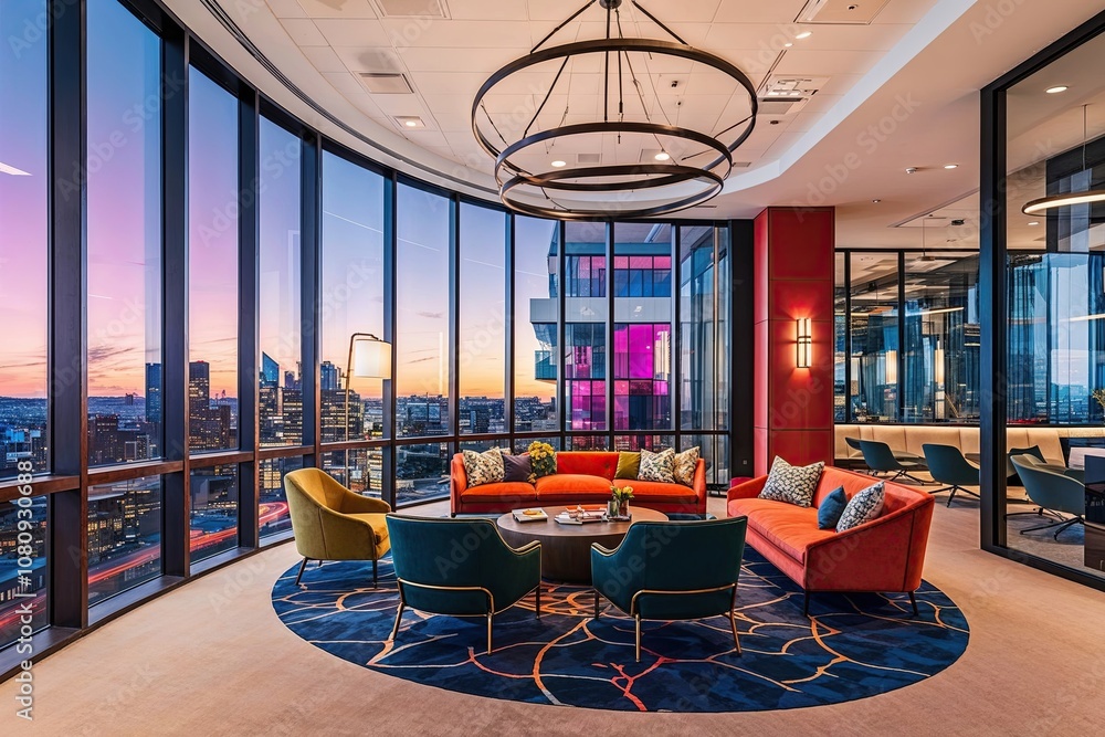 Fototapeta premium Luxurious Office Lounge with Sweeping Windows and Vibrant Urban Landscape Rendering