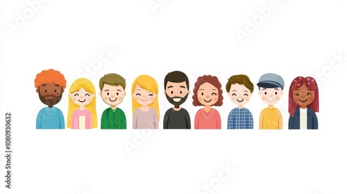 Diverse group of cartoon people smiling together.