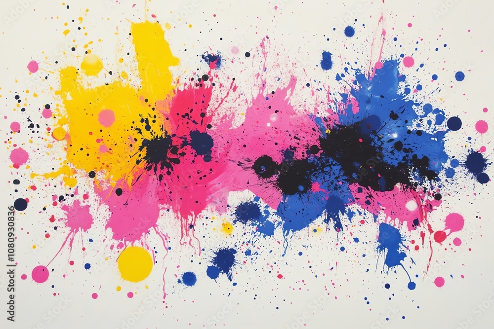 Obraz premium Colorful paint splatter background with yellow, magenta, cyan and black paint splatters on white surface.