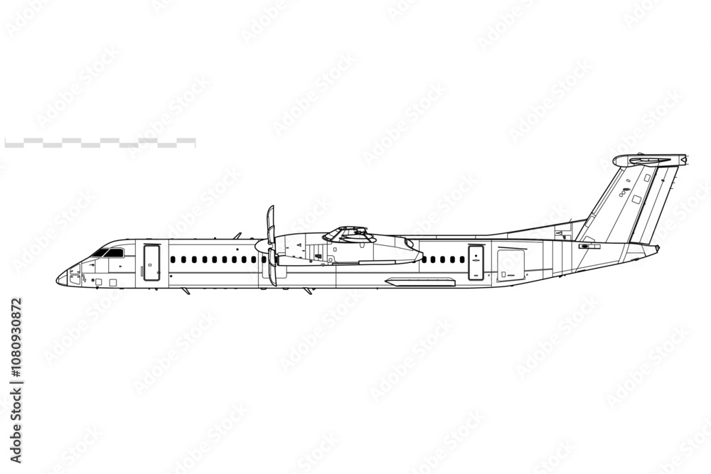 De Havilland Dash 8-Q400, DHC-8-Q400. Vector drawing of turboprop regional airliner. Side view. Image for illustration and infographics. De Havilland Dash 8-Q400, DHC-8-Q400. Vector drawing of turboprop regional airliner. Side view. Image for illustration and infographics.