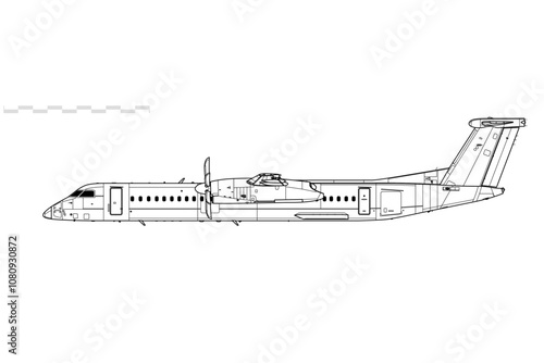 De Havilland Dash 8-Q400, DHC-8-Q400. Vector drawing of turboprop regional airliner. Side view. Image for illustration and infographics.