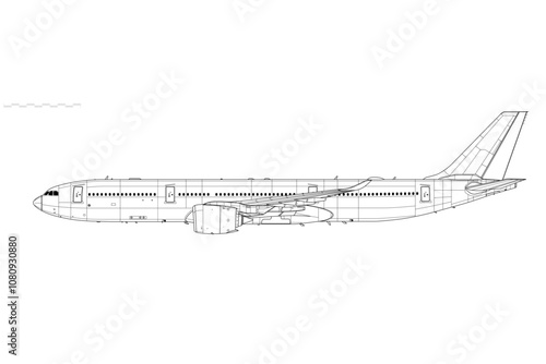 Airbus A330-900 NEO. Vector drawing of wide-body long range airliner. Side view. Image for illustration and infographics.
